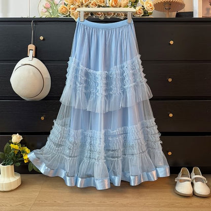 High Rise Frill Trim Mesh Maxi A-Line Skirt
