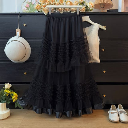 High Rise Frill Trim Mesh Maxi A-Line Skirt