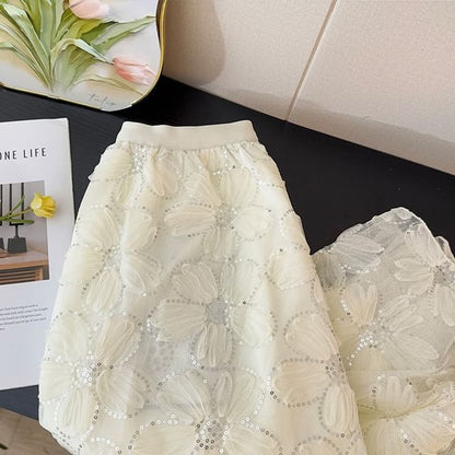 High Rise Floral Sequin Mesh Midi A-Line Skirt