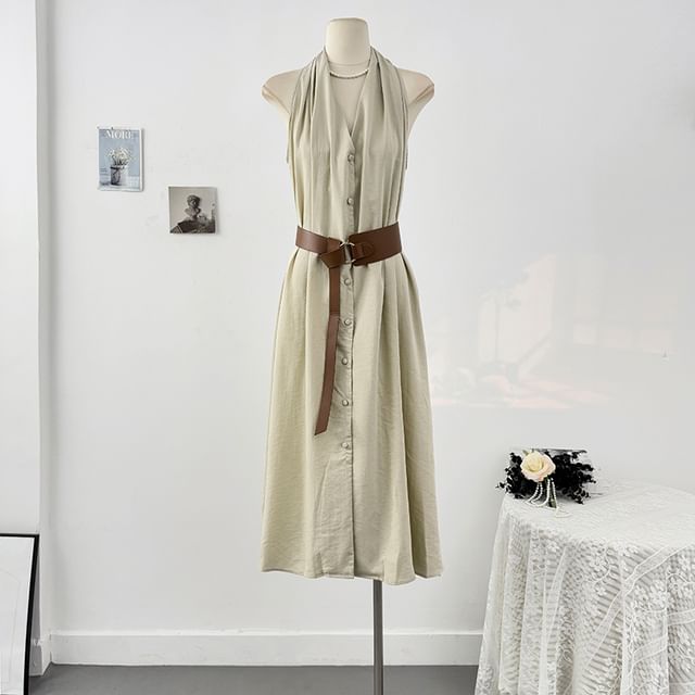 Plain Halter Set: V-Neck Belt Button-Up Dress + Maxi A-Line