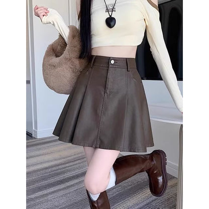 Faux Leather Pleated Mini A-Line Skirt with High Waist