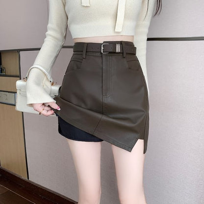 High Rise Faux Leather Mini A-Line Skirt with Slit