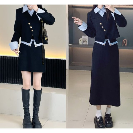 Mock Two-Piece Blazer & High Waist A-Line Skirt