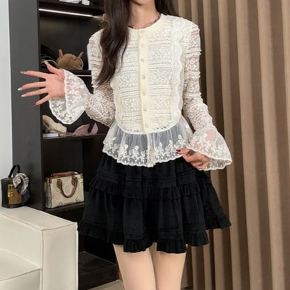 Bell Sleeve Crew Neck Lace Button Top