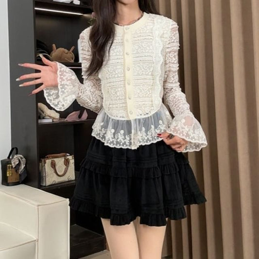 Bell Sleeve Crew Neck Lace Button Top