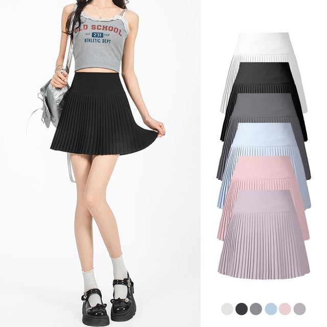 Solid Mini Pleated Skirt with High Waist