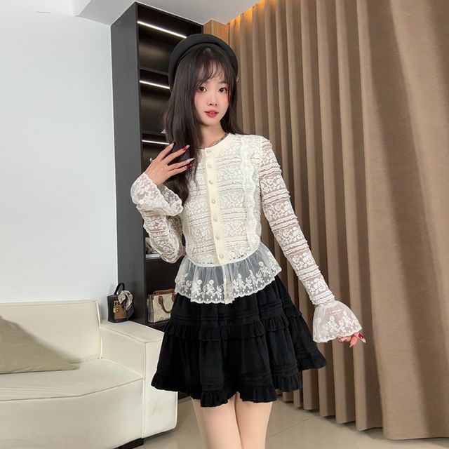 Bell Sleeve Crew Neck Lace Button Top