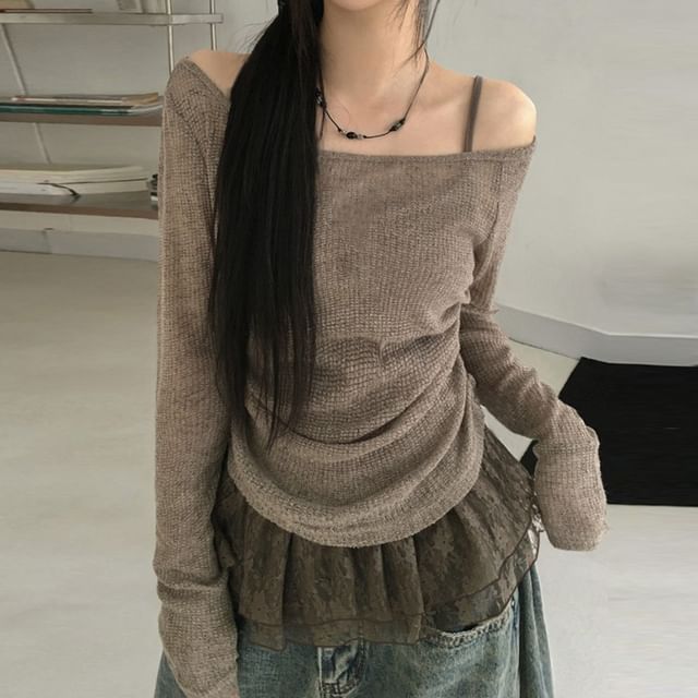 Off Shoulder Lace Panel Ruched Light Knit Top