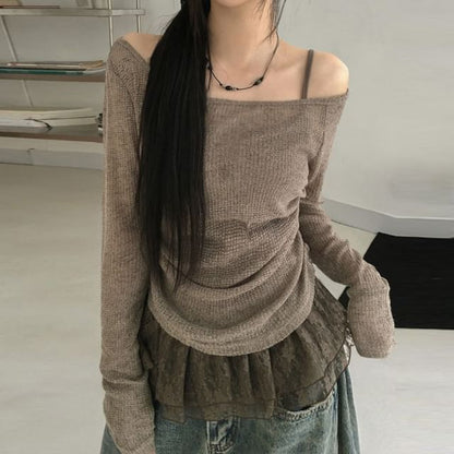 Off Shoulder Lace Panel Ruched Light Knit Top