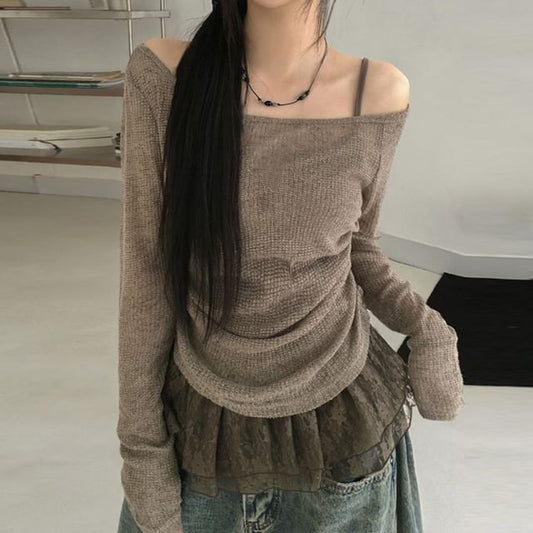 Ruched Off-Shoulder Long-Sleeved Solid Light Knit Top with Lace Panel