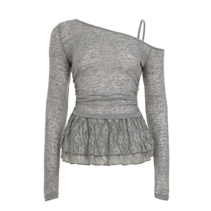 Off Shoulder Lace Panel Ruched Light Knit Top