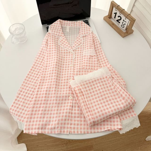 Pajama Set: Plaid Lace Trim Button-Up Top and Pants