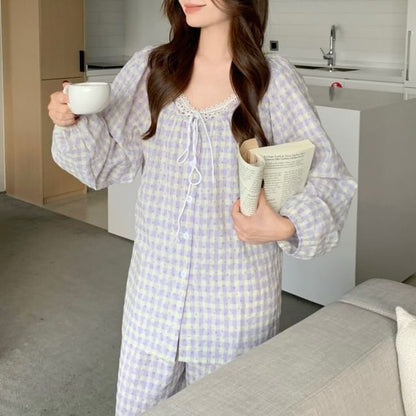 Pajama Set: Gingham Lace Panel Top and Pants