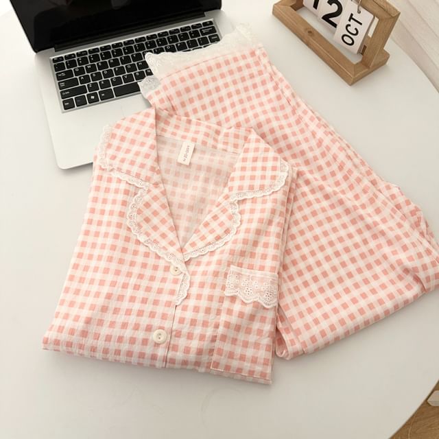 Pajama Set: Plaid Lace Trim Button-Up Top and Pants