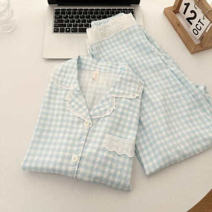 Pajama Set: Plaid Lace Trim Button-Up Top and Pants