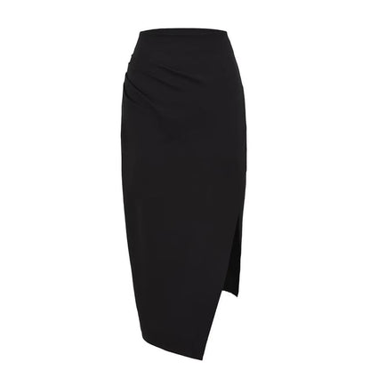 High Rise Solid Slit Midi Pencil Skirt
