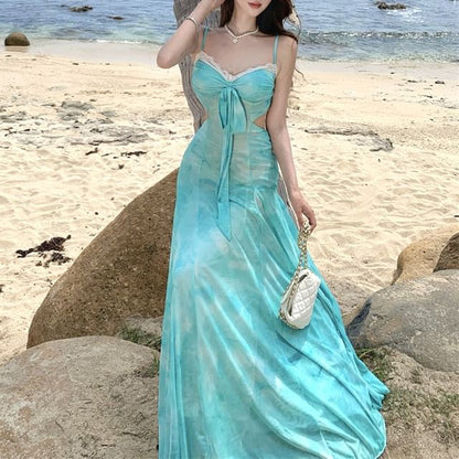 Spaghetti Strap V-Neck Tie Dye Lace Trim Cutout Maxi Mermaid Dress