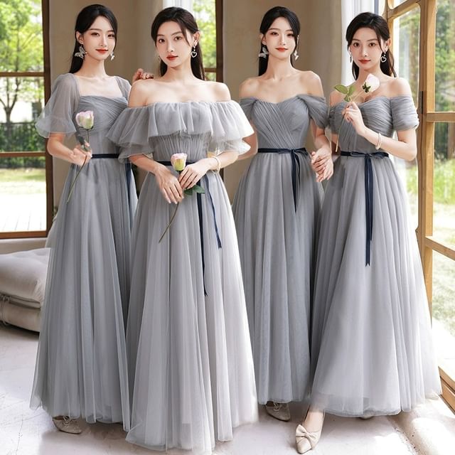 A-Line Dress Maxi Bridesmaid Plain Sashed Mesh