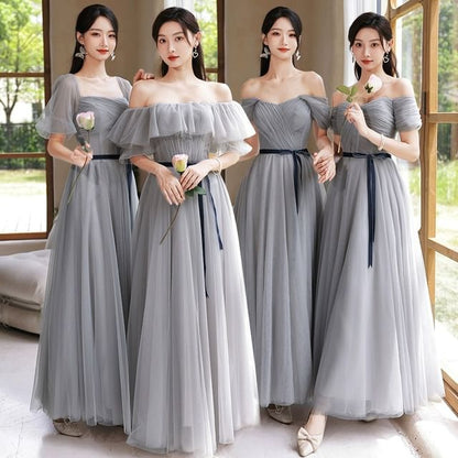 A-Line Dress Maxi Bridesmaid Plain Sashed Mesh
