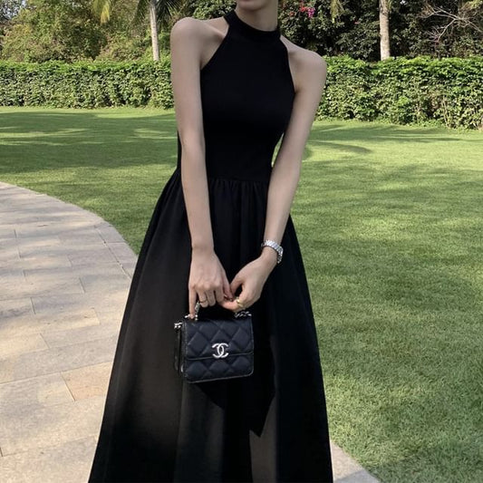 Plain Evening A-Line Midi Halter Dress