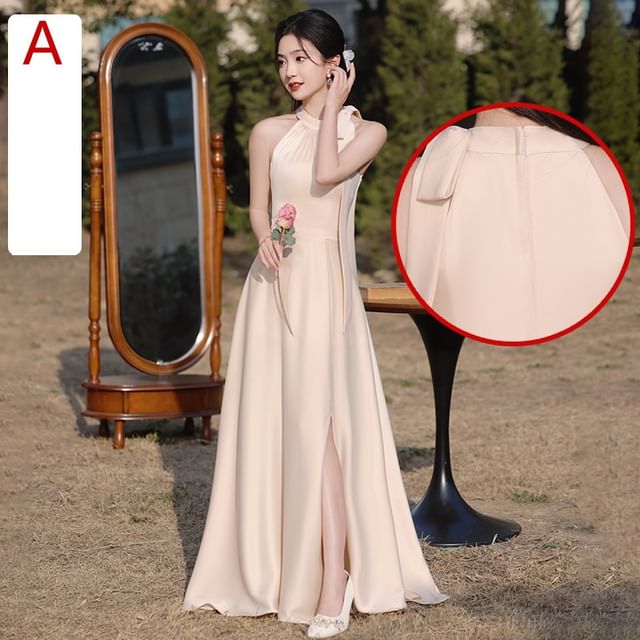 Sleeveless Plain Maxi A-Line Bridesmaid Dress