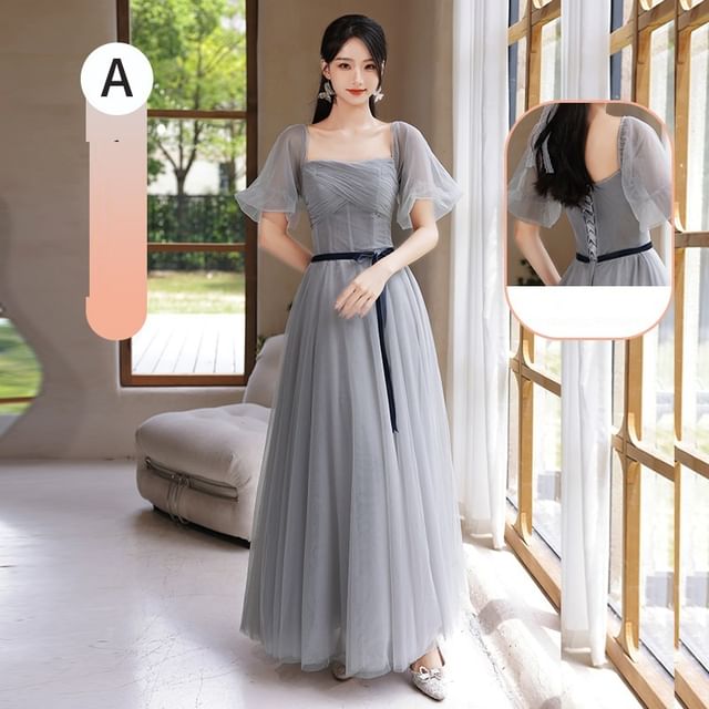 Plain Sashed Mesh Maxi A-Line Bridesmaid Dress