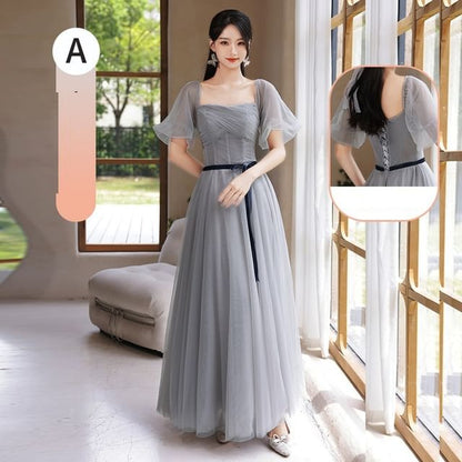 Plain Sashed Mesh Maxi A-Line Bridesmaid Dress