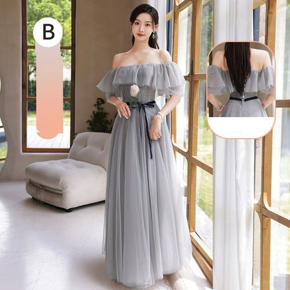A-Line Dress Maxi Bridesmaid Plain Sashed Mesh