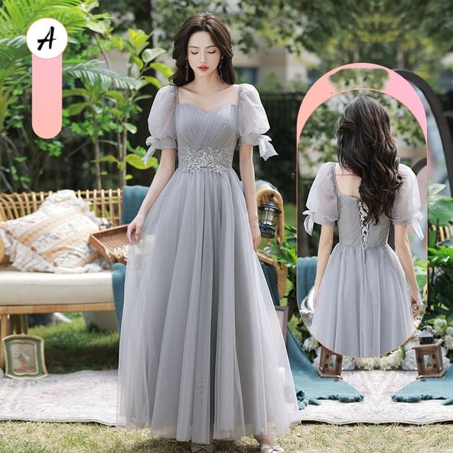 Short-Sleeve Floral Applique Mesh Maxi A-Line Bridesmaid Dress