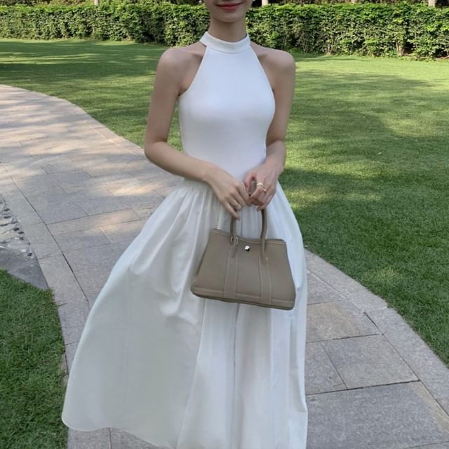Halter Plain Midi A-Line Evening Dress