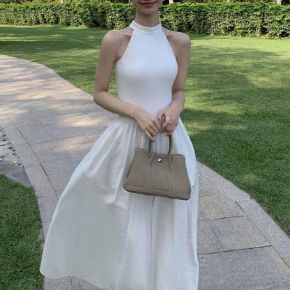 Plain Evening A-Line Midi Halter Dress