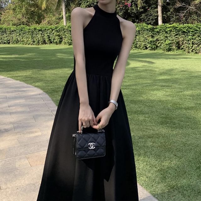 Halter Plain Midi A-Line Evening Dress