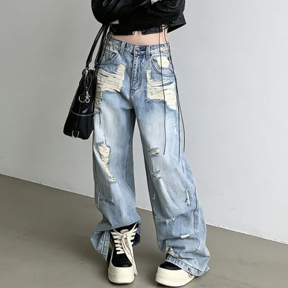 Low Waist Washed Distressed Baggy Jeans