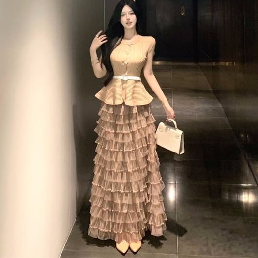 Round Neck Peplum Top & Tiered Mesh Maxi Skirt Set