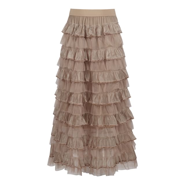 Round Neck Peplum Top & Tiered Mesh Maxi Skirt Set