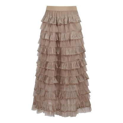 Round Neck Peplum Top & Tiered Mesh Maxi Skirt Set