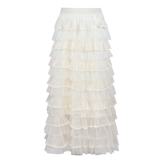 Round Neck Peplum Top & Tiered Mesh Maxi Skirt Set