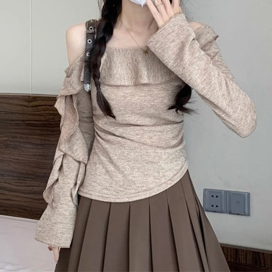 Ruched Asymmetric Ruffle-Trim Cold-Shoulder Long-Sleeved Solid Top