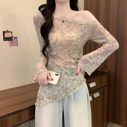 Fitted Asymmetric Tie-Dye Off-The-Shoulder Long-Sleeved Blouse