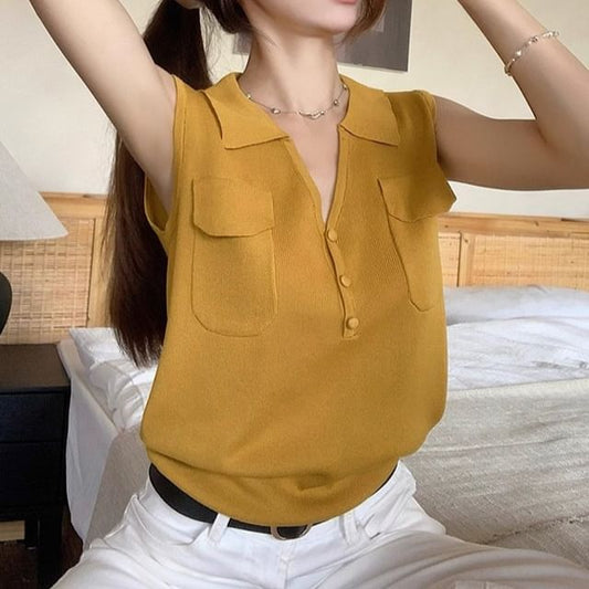 Collared Sleeveless Solid Knit Shirt