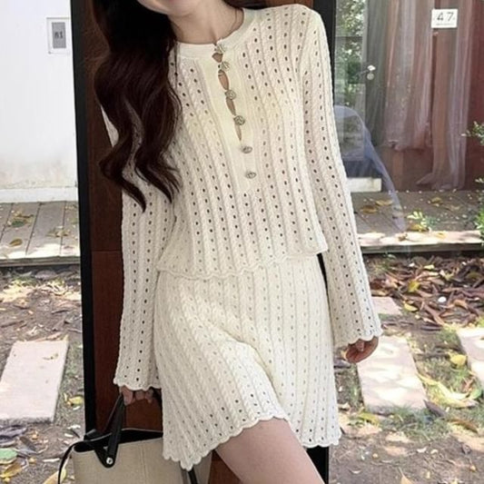 Pointelle Henley Sweater with A-Line Mini Skirt