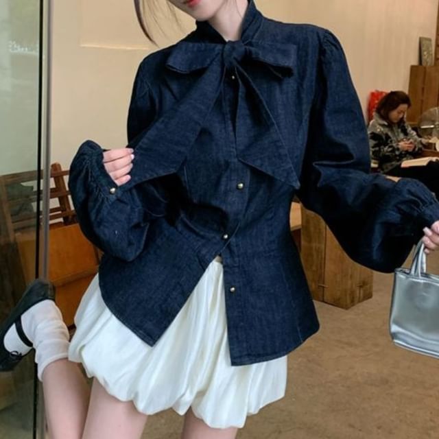 Bow Neck Long Sleeve Blouse with Bubble A-Line Mini Skirt