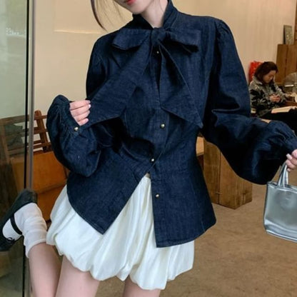 Bow Neck Long Sleeve Blouse with Bubble A-Line Mini Skirt