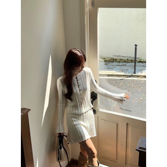 Pointelle Henley Sweater with A-Line Mini Skirt