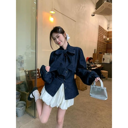 Bow Neck Long Sleeve Blouse with Bubble A-Line Mini Skirt