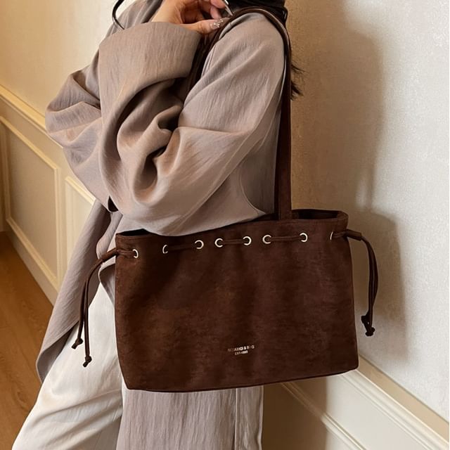 Tote Bag Plain Faux Suede Drawstring