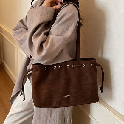 Tote Bag Plain Faux Suede Drawstring