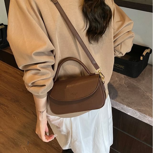Leather Crossbody Bag Faux Flap Handle Plain Top