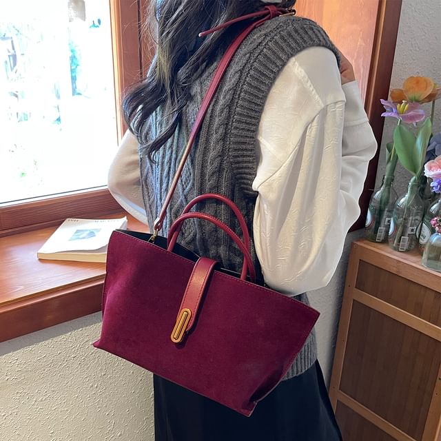 Top With Bag Faux Pouch Handle Plain Crossbody Suede