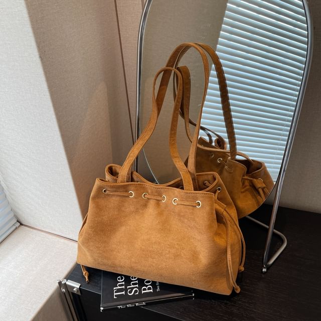 Tote Bag Plain Faux Suede Drawstring